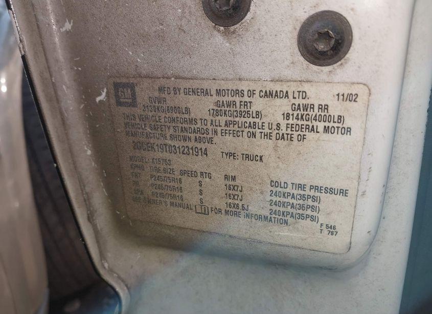 Photo 9 of 2003 Chevrolet Silverado 1500 LT (VIN 2GCEK19T031231914)