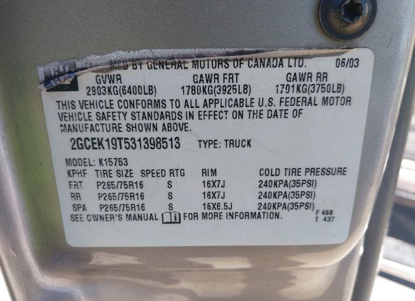 Photo 9 of 2003 Chevrolet Silverado 1500 LS (VIN 2GCEK19T531398513)