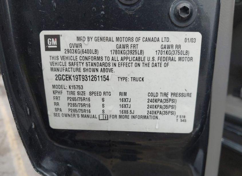 Photo 9 of 2003 Chevrolet Silverado 1500 LT (VIN 2GCEK19T931261154)