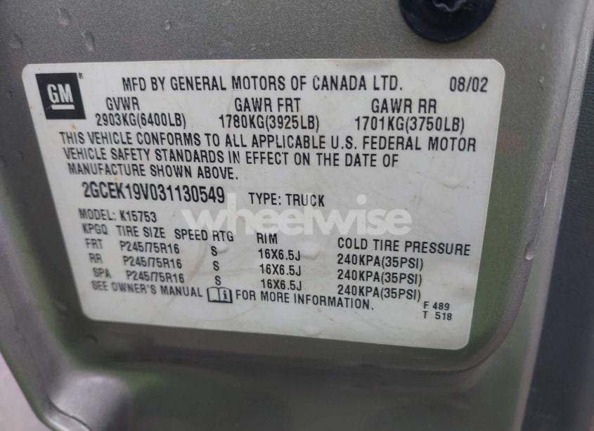 Photo 9 of 2003 Chevrolet Silverado 1500 (VIN 2GCEK19V031130549)