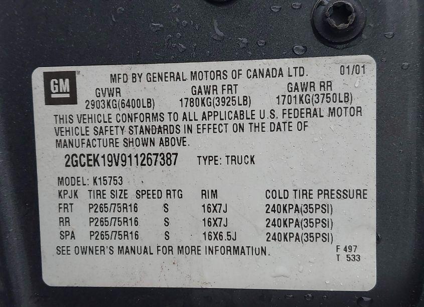 Photo 9 of 2001 Chevrolet Silverado 1500 LS (VIN 2GCEK19V911267387)