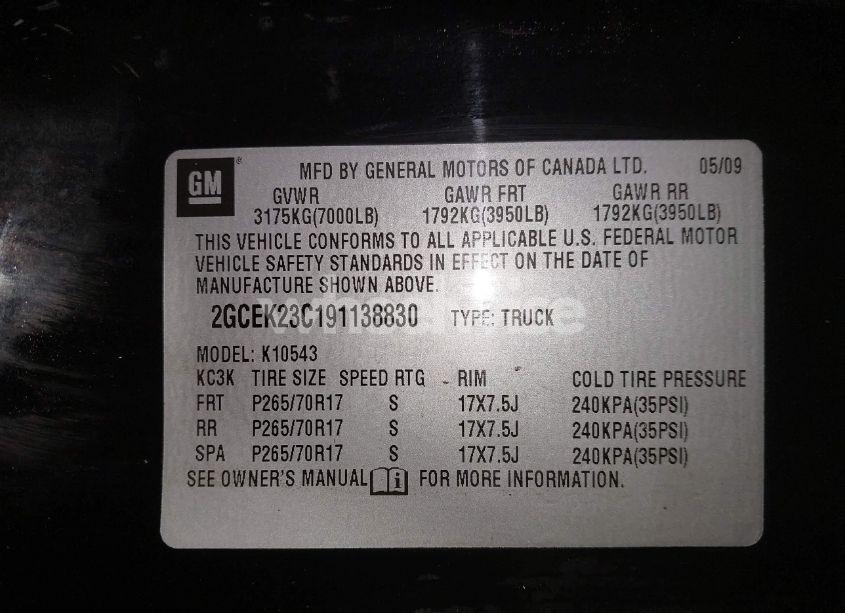 Photo 9 of 2009 Chevrolet Silverado 1500 LT (VIN 2GCEK23C191138830)