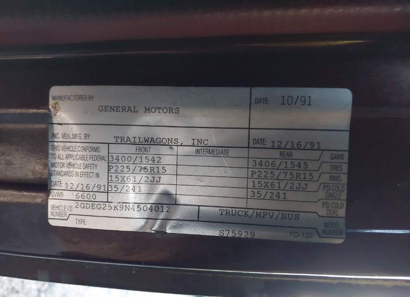 Photo 9 of 1992 Gmc Rally WAGON / VAN G2500 (VIN 2GDEG25K9N4504012)