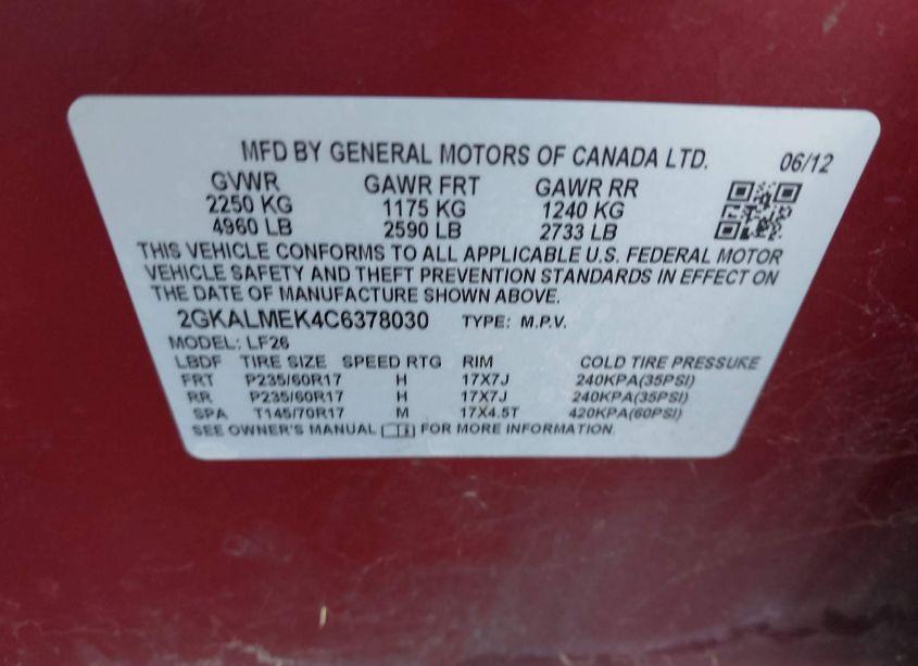 Photo 9 of 2012 Gmc Terrain SLE-1 (VIN 2GKALMEK4C6378030)