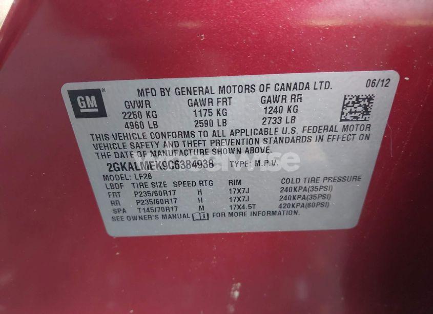 Photo 9 of 2012 Gmc Terrain SLE-1 (VIN 2GKALMEK9C6384938)