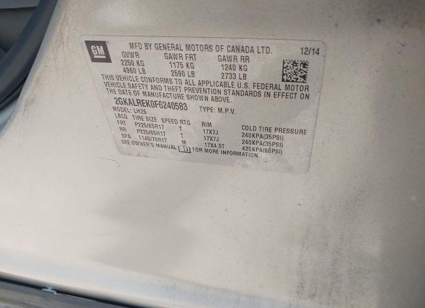 Photo 9 of 2015 Gmc Terrain SLE-2 (VIN 2GKALREK0F6240583)