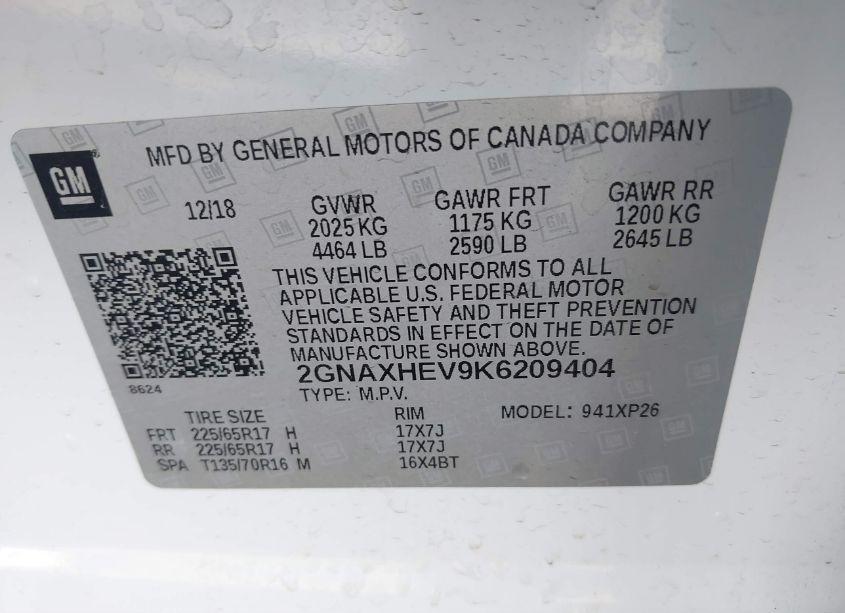 Photo 9 of 2019 Chevrolet Equinox 2LT AWD (VIN 2GN8XHEV9K6209404)