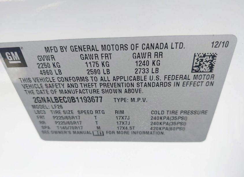 Photo 9 of 2011 Chevrolet Equinox LS (VIN 2GNALBEC0B1193677)