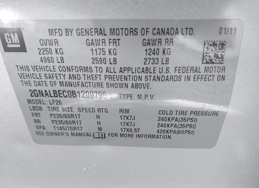 Photo 9 of 2011 Chevrolet Equinox LS (VIN 2GNALBEC0B1209795)