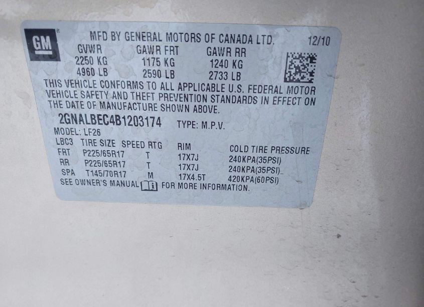 Photo 9 of 2011 Chevrolet Equinox LS (VIN 2GNALBEC4B1203174)