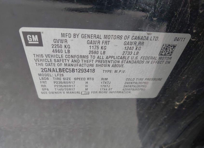 Photo 9 of 2011 Chevrolet Equinox LS (VIN 2GNALBEC5B1293418)