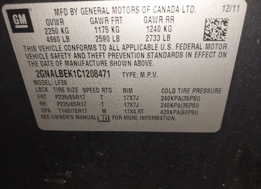 Photo 9 of 2012 Chevrolet Equinox LS (VIN 2GNALBEK1C1208471)