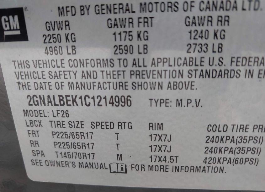 Photo 9 of 2012 Chevrolet Equinox LS (VIN 2GNALBEK1C1214996)