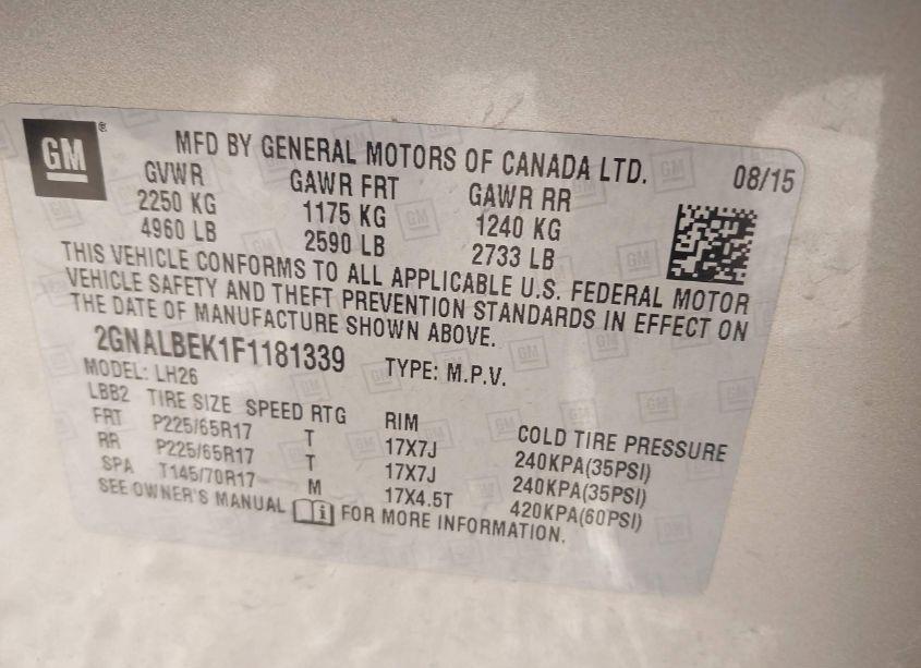 Photo 9 of 2015 Chevrolet Equinox 1LT (VIN 2GNALBEK1F1181339)