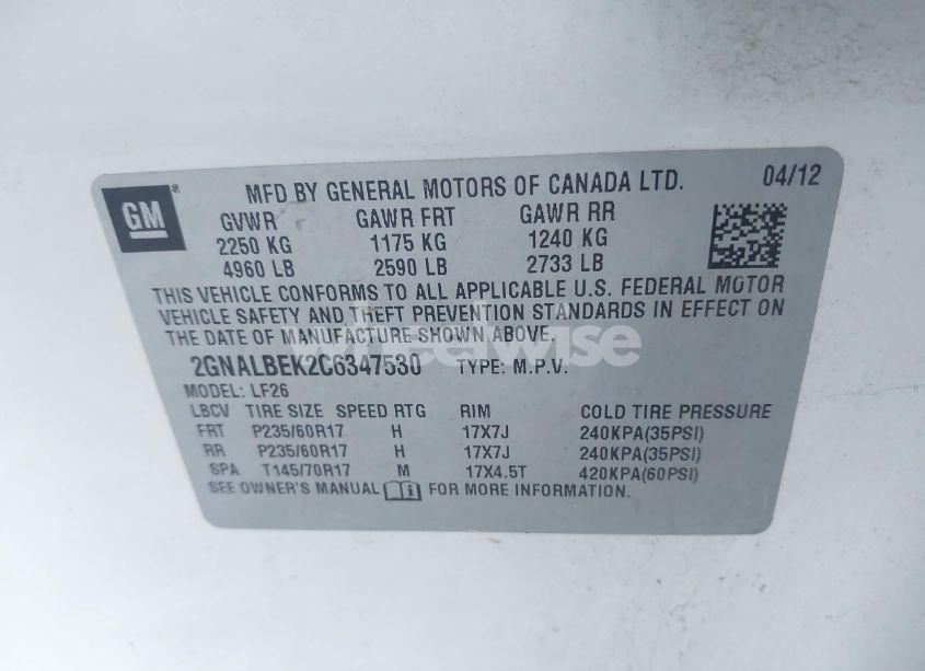 Photo 9 of 2012 Chevrolet Equinox LS (VIN 2GNALBEK2C6347530)