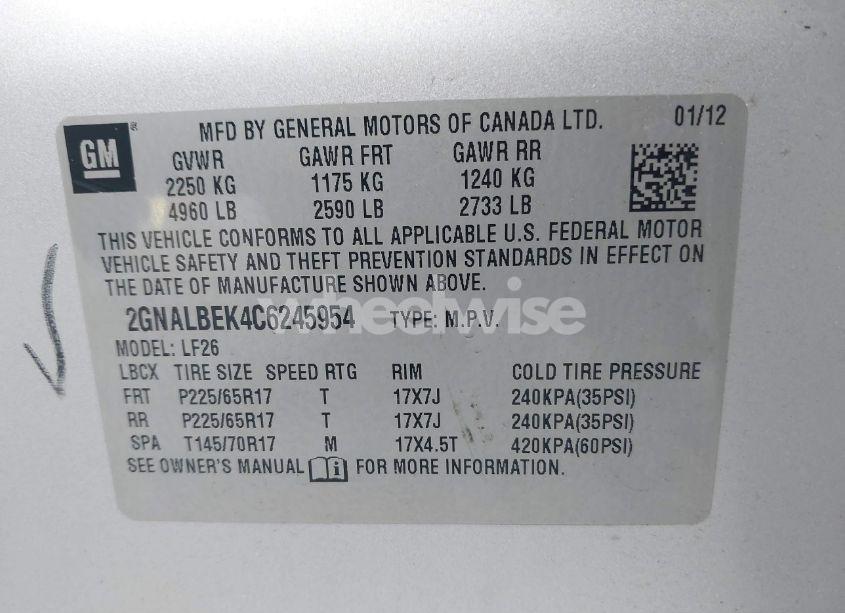 Photo 9 of 2012 Chevrolet Equinox LS (VIN 2GNALBEK4C6245954)