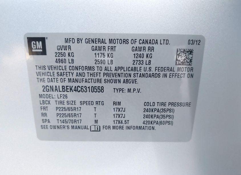 Photo 9 of 2012 Chevrolet Equinox LS (VIN 2GNALBEK4C6310558)