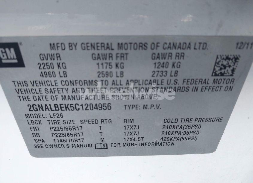 Photo 9 of 2012 Chevrolet Equinox LS (VIN 2GNALBEK5C1204956)