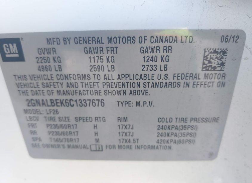 Photo 9 of 2012 Chevrolet Equinox LS (VIN 2GNALBEK6C1337676)