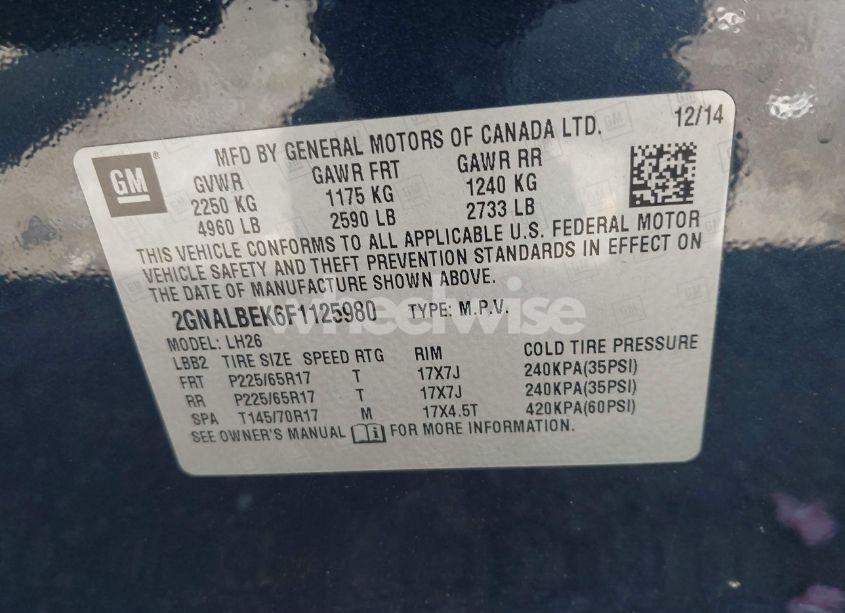 Photo 9 of 2015 Chevrolet Equinox LT (VIN 2GNALBEK6F1125980)
