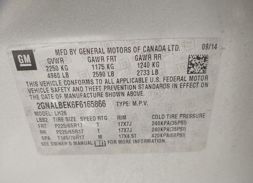 Photo 9 of 2015 Chevrolet Equinox 1LT (VIN 2GNALBEK6F6165866)