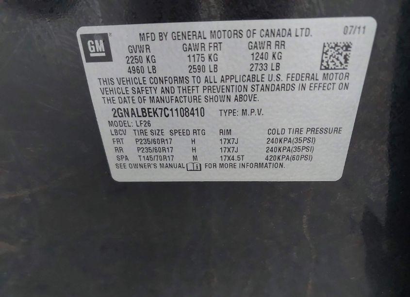 Photo 9 of 2012 Chevrolet Equinox LS (VIN 2GNALBEK7C1108410)