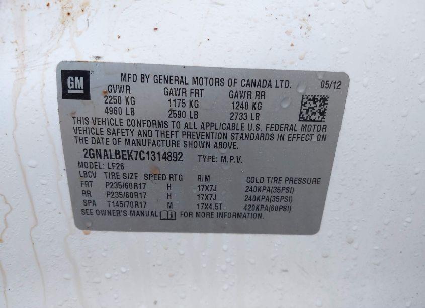 Photo 9 of 2012 Chevrolet Equinox LS (VIN 2GNALBEK7C1314892)