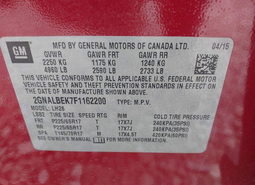 Photo 9 of 2015 Chevrolet Equinox 1LT (VIN 2GNALBEK7F1162200)