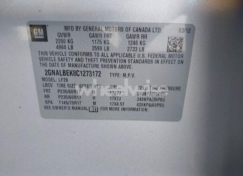 Photo 9 of 2012 Chevrolet Equinox LS (VIN 2GNALBEK8C1273172)