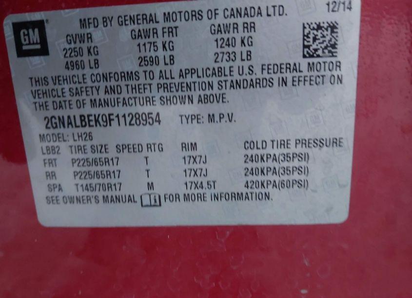 Photo 9 of 2015 Chevrolet Equinox 1LT (VIN 2GNALBEK9F1128954)