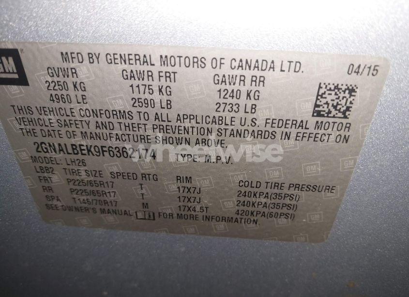 Photo 9 of 2015 Chevrolet Equinox 1LT (VIN 2GNALBEK9F6362174)