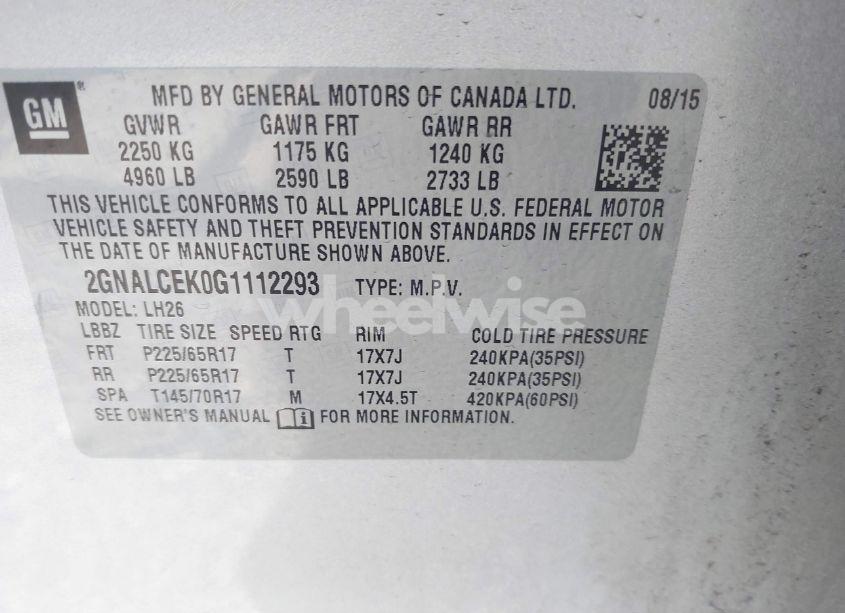 Photo 9 of 2016 Chevrolet Equinox LT (VIN 2GNALCEK0G1112293)