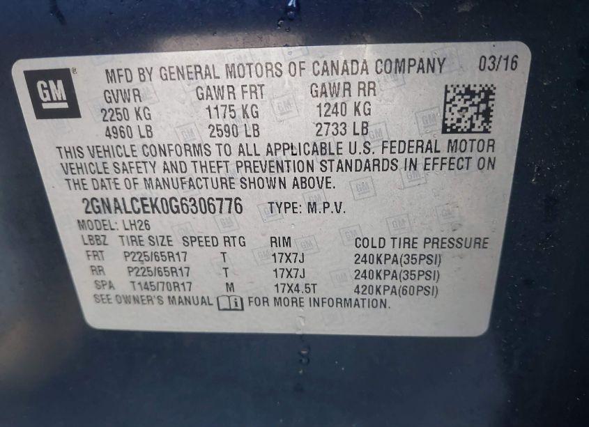 Photo 9 of 2016 Chevrolet Equinox LT (VIN 2GNALCEK0G6306776)