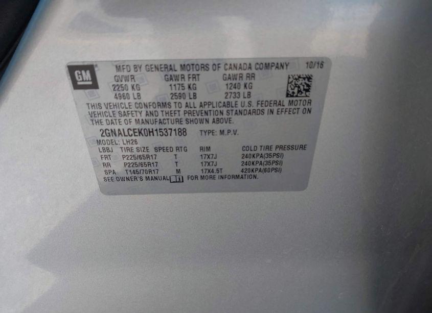 Photo 9 of 2017 Chevrolet Equinox LT (VIN 2GNALCEK0H1537188)