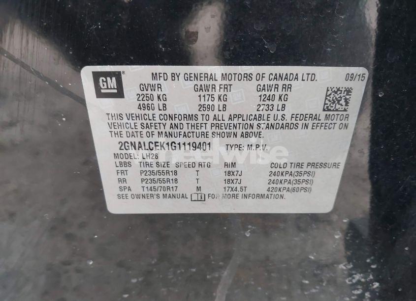 Photo 9 of 2016 Chevrolet Equinox LT (VIN 2GNALCEK1G1119401)