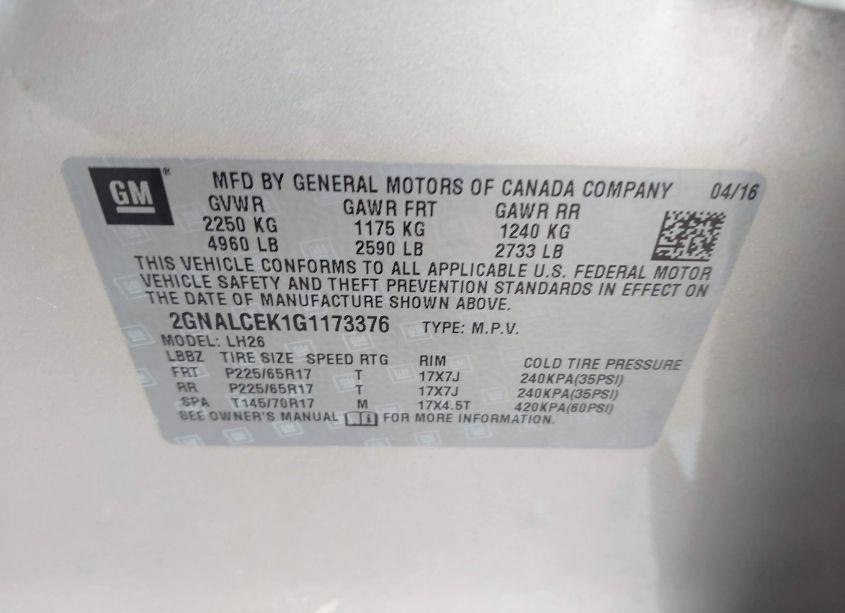 Photo 9 of 2016 Chevrolet Equinox LT (VIN 2GNALCEK1G1173376)