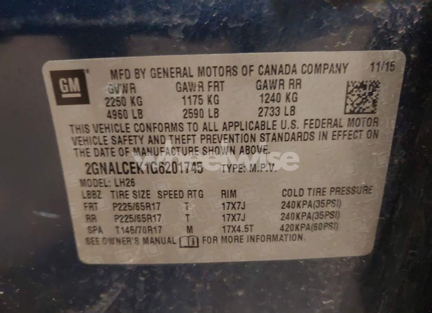 Photo 9 of 2016 Chevrolet Equinox LT (VIN 2GNALCEK1G6201745)