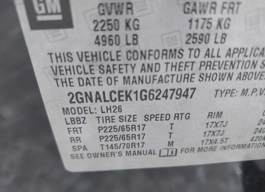 Photo 9 of 2016 Chevrolet Equinox LT (VIN 2GNALCEK1G6247947)