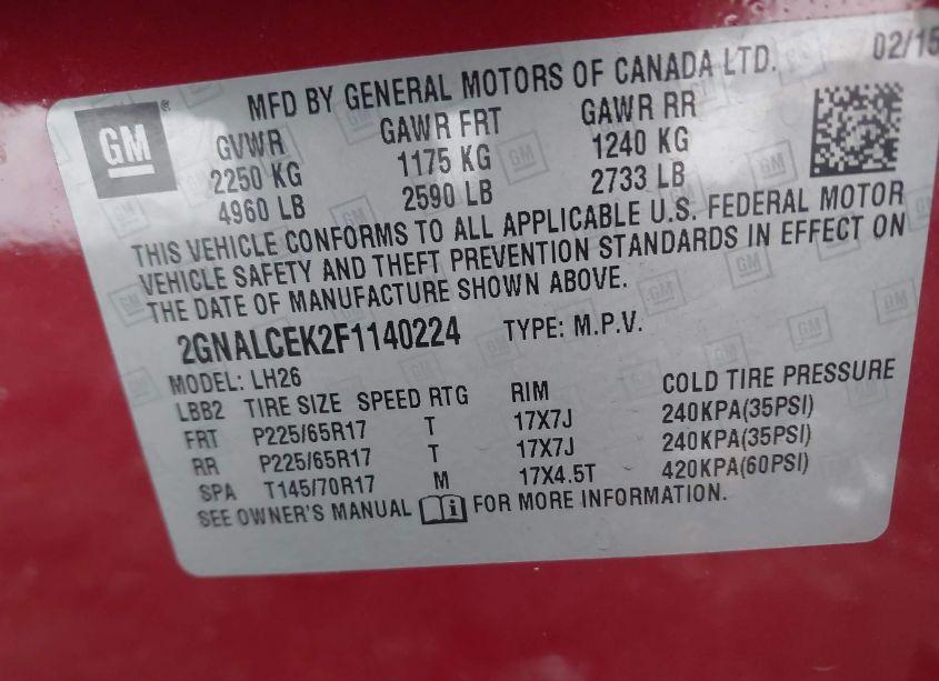 Photo 9 of 2015 Chevrolet Equinox 2LT (VIN 2GNALCEK2F1140224)