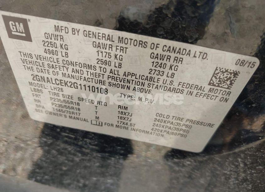 Photo 9 of 2016 Chevrolet Equinox LT (VIN 2GNALCEK2G1110108)