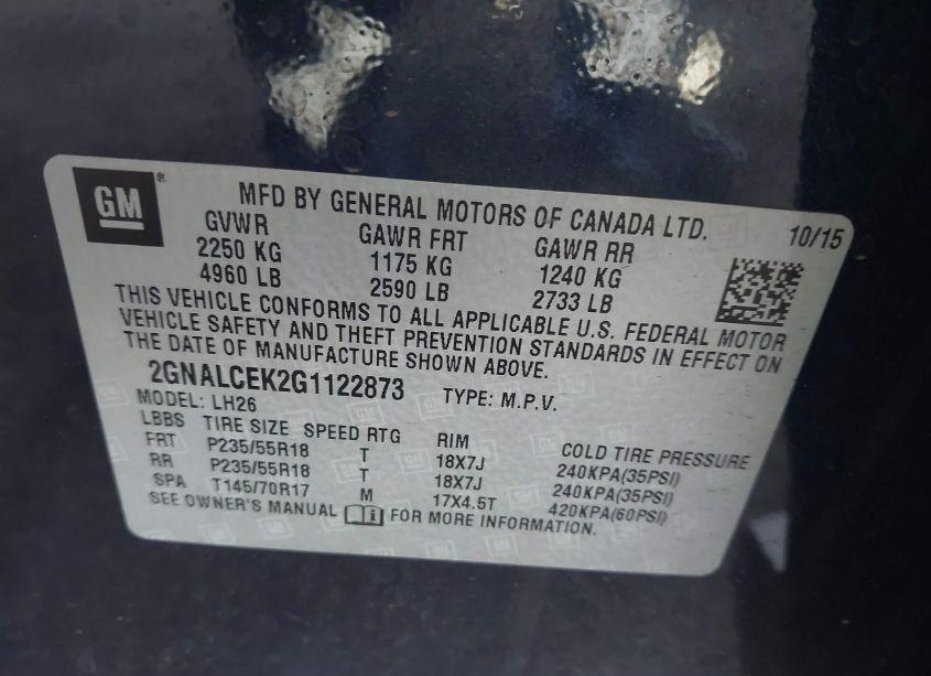 Photo 9 of 2016 Chevrolet Equinox LT (VIN 2GNALCEK2G1122873)