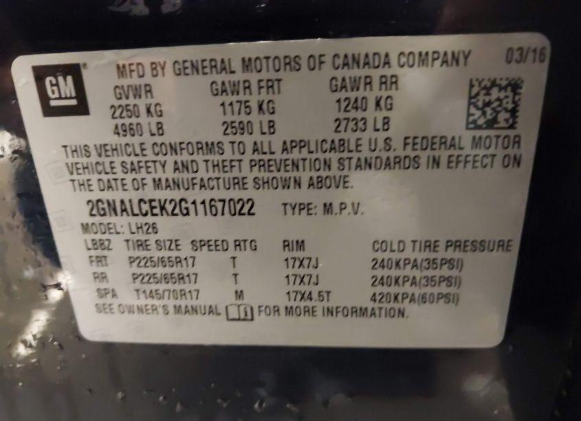 Photo 9 of 2016 Chevrolet Equinox LT (VIN 2GNALCEK2G1167022)