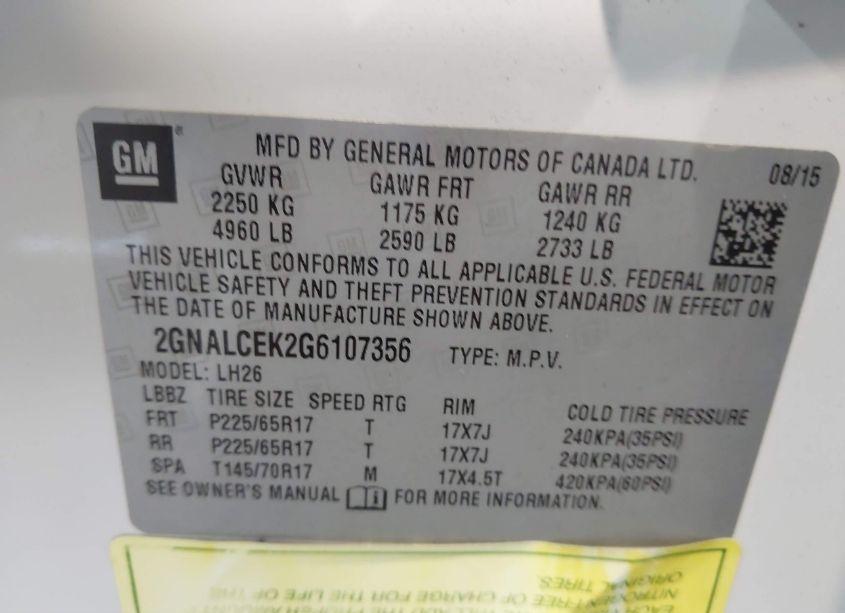 Photo 9 of 2016 Chevrolet Equinox LT (VIN 2GNALCEK2G6107356)