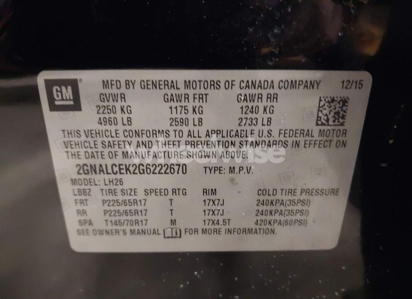 Photo 9 of 2016 Chevrolet Equinox LT (VIN 2GNALCEK2G6222670)