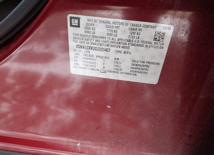 Photo 9 of 2016 Chevrolet Equinox LT (VIN 2GNALCEK2G6303457)