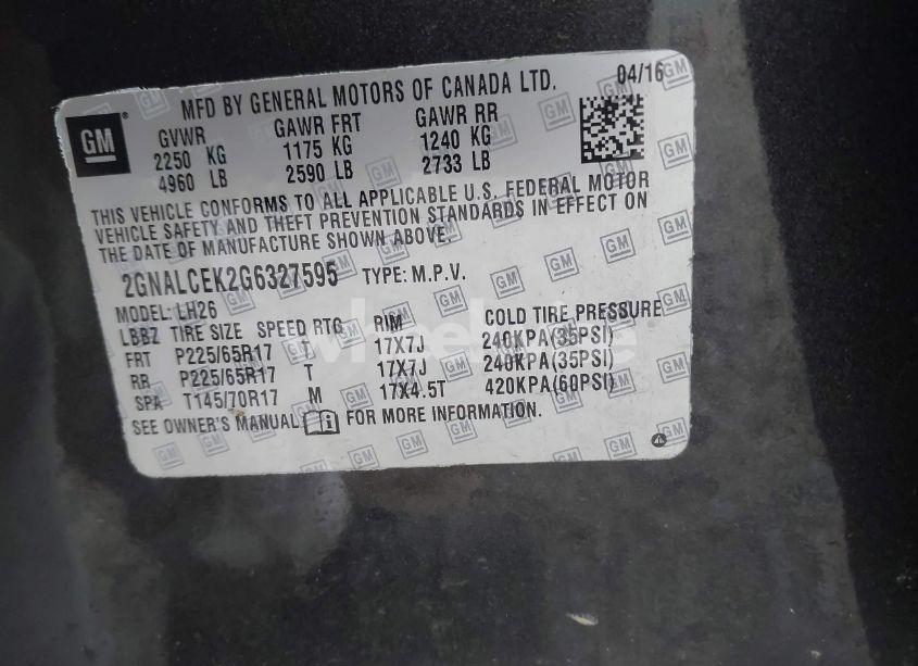 Photo 9 of 2016 Chevrolet Equinox LT (VIN 2GNALCEK2G6327595)