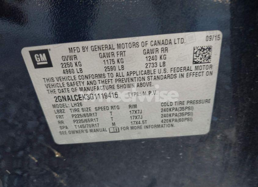 Photo 9 of 2016 Chevrolet Equinox LT (VIN 2GNALCEK3G1119416)