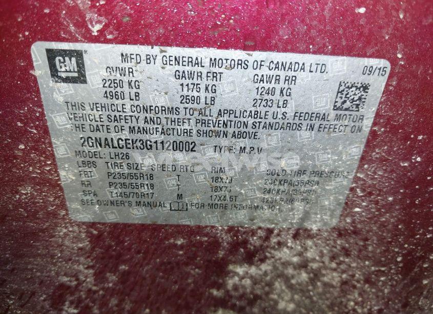 Photo 9 of 2016 Chevrolet Equinox LT (VIN 2GNALCEK3G1120002)