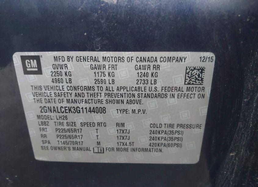 Photo 9 of 2016 Chevrolet Equinox LT (VIN 2GNALCEK3G1144008)