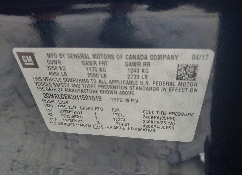 Photo 9 of 2017 Chevrolet Equinox LT (VIN 2GNALCEK3H1591519)